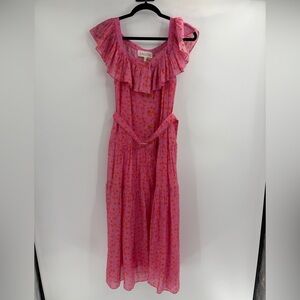 Saloni Pink Floral Ruffle Wedding Guest Midi Dress Button Front Women’s US 8